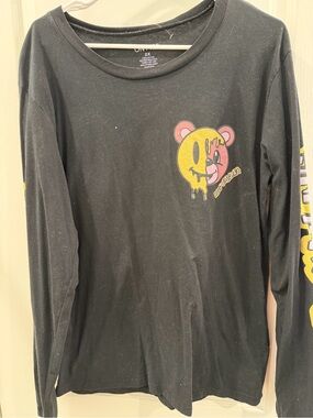 Black Long-Sleeve Graphic Top with Yellow Pink Bear Print